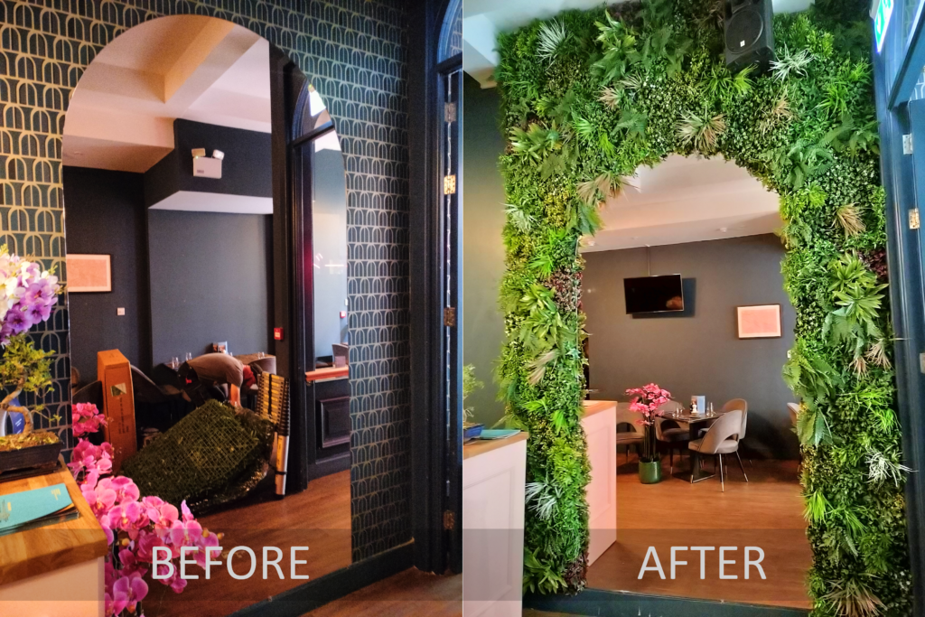 Before and After of Green Wall Panelling around Mirror by Mr Blue Sky